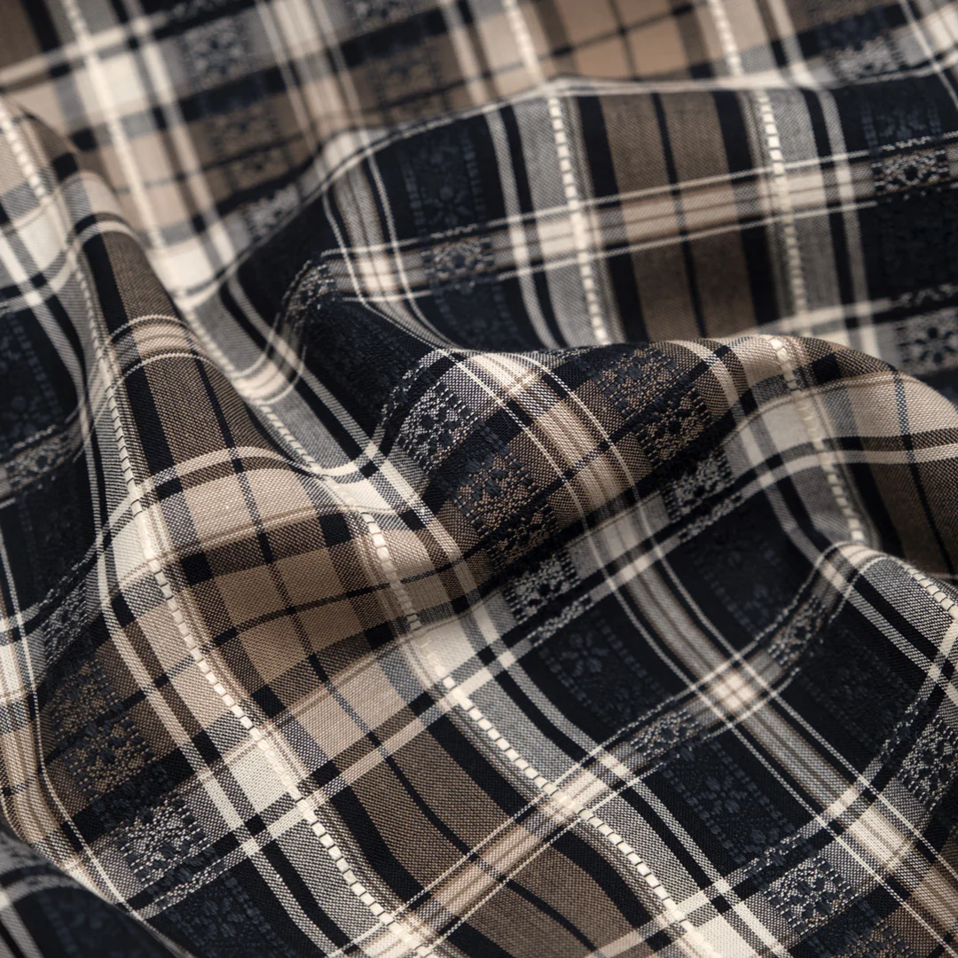 Alpine Plaid Embroidered Cotton Shirting - Black/Crimini