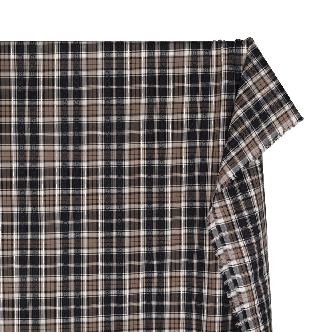 Alpine Plaid Embroidered Cotton Shirting - Black/Crimini - Image 4