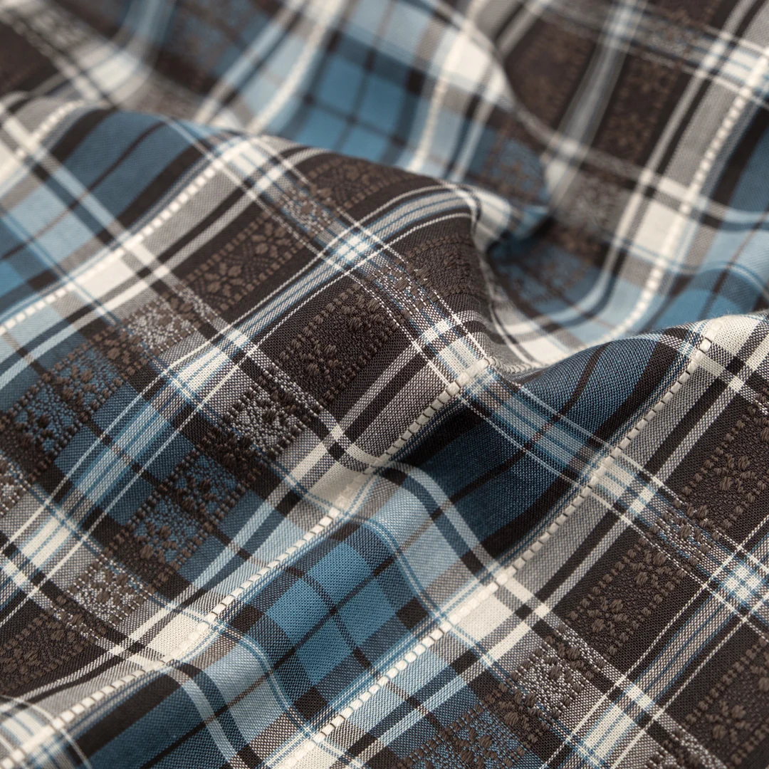 Alpine Plaid Embroidered Cotton Shirting - Fudge/Teal