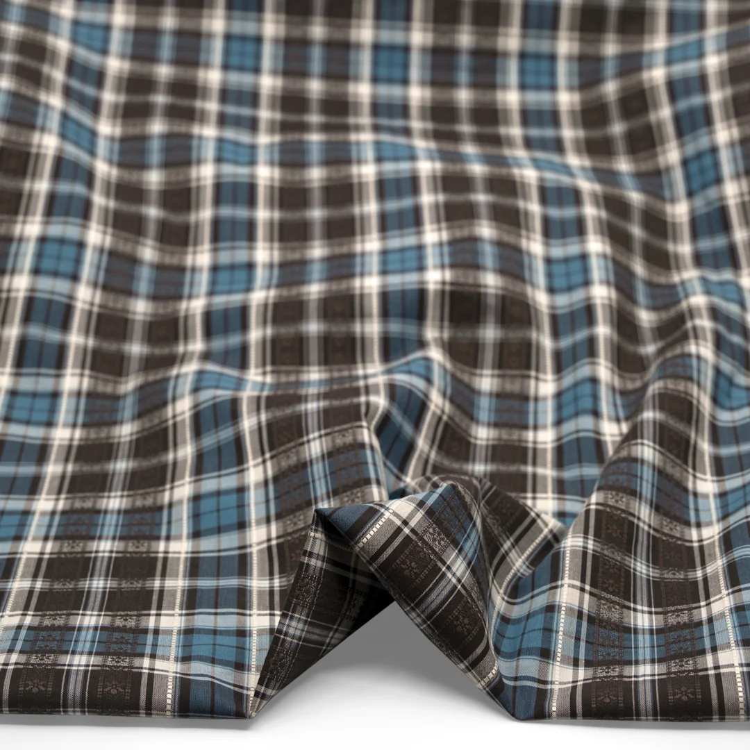 Alpine Plaid Embroidered Cotton Shirting - Fudge/Teal - Image 2