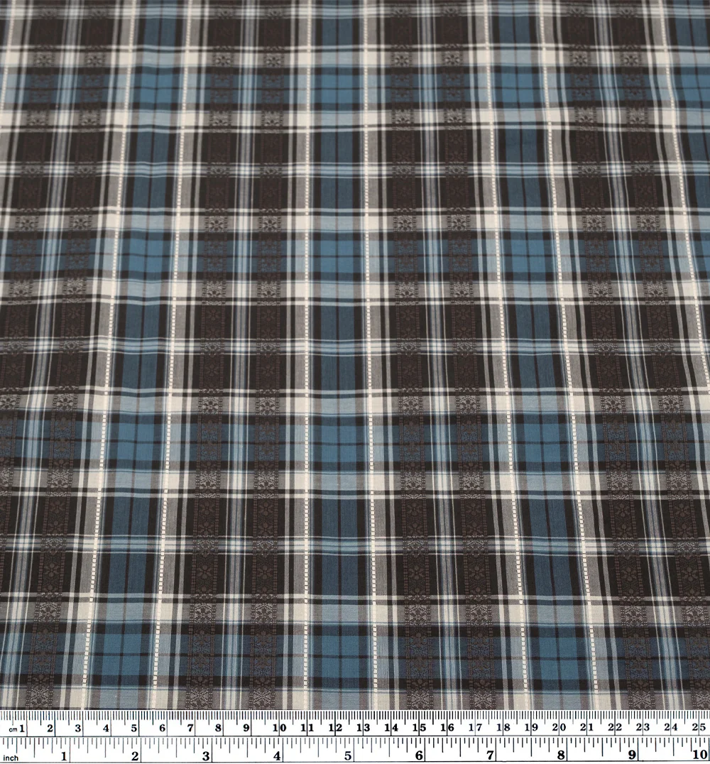 Alpine Plaid Embroidered Cotton Shirting - Fudge/Teal - Image 3