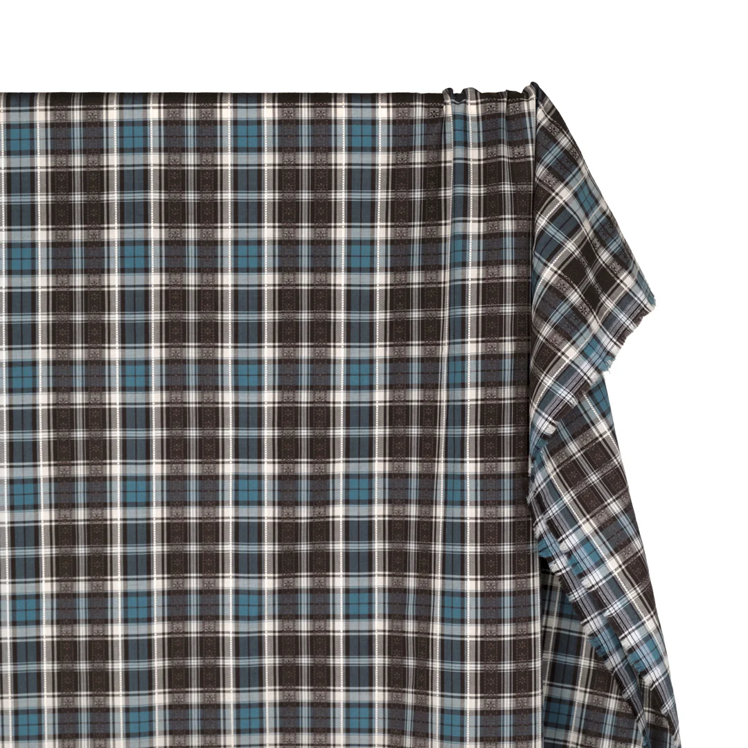 Alpine Plaid Embroidered Cotton Shirting - Fudge/Teal - Image 4