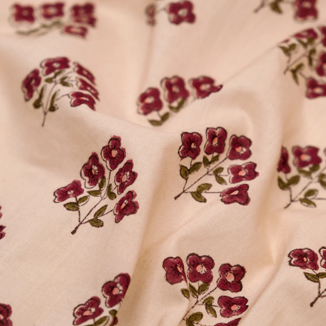 Bloom Block Printed Organic Cotton Batiste - Biscotti/Cranberry