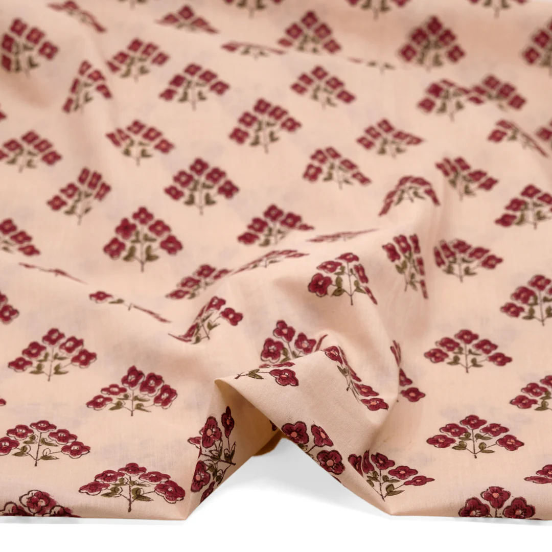 Bloom Block Printed Organic Cotton Batiste - Biscotti/Cranberry - Image 2