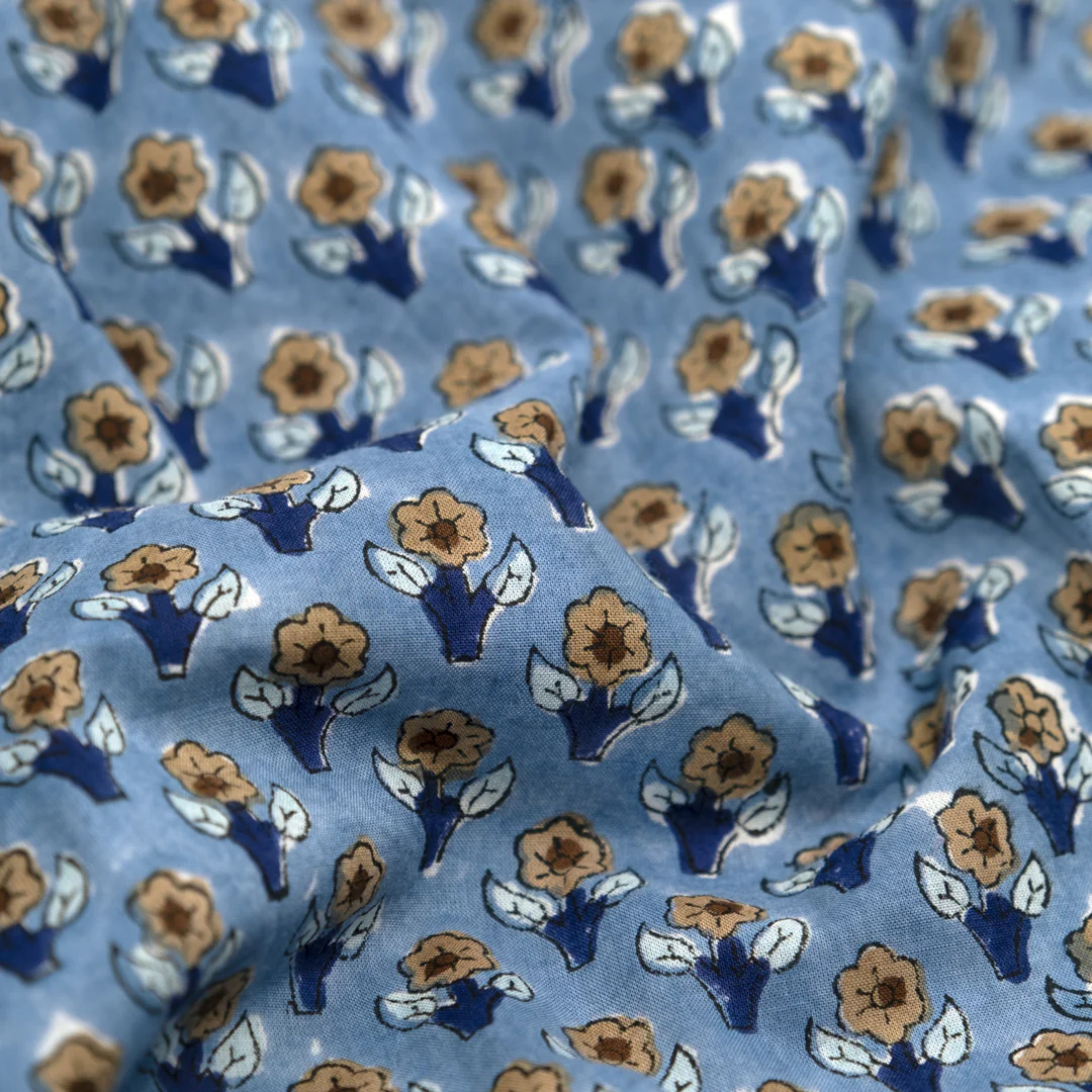 Bloom Block Printed Organic Cotton Batiste - Bluestone/Mushroom/Navy