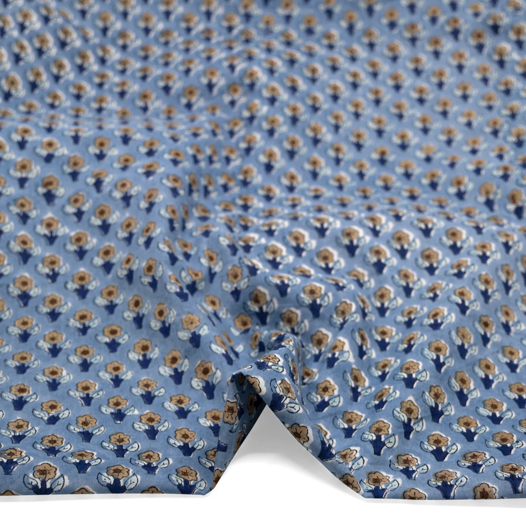 Bloom Block Printed Organic Cotton Batiste - Bluestone/Mushroom/Navy - Image 2