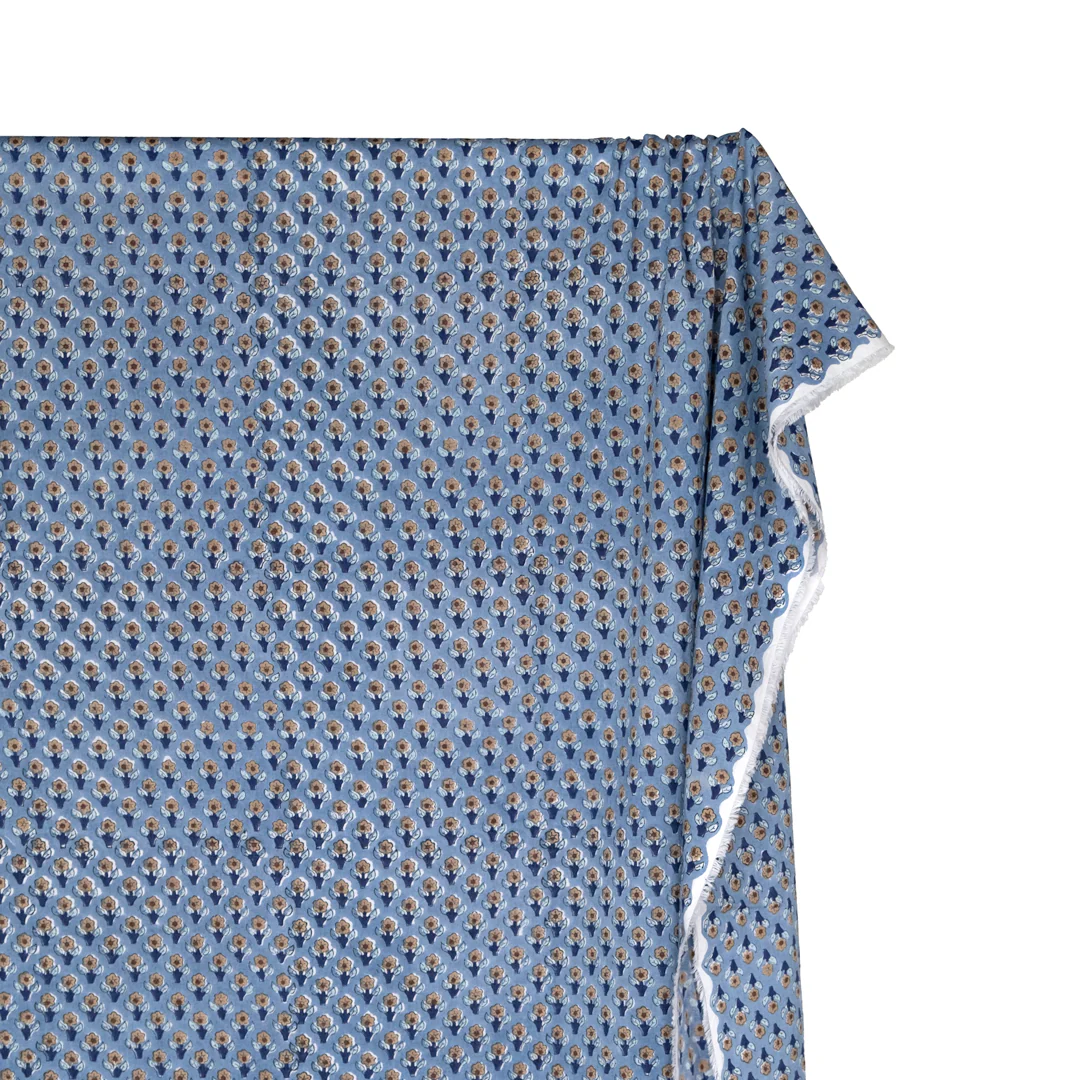 Bloom Block Printed Organic Cotton Batiste - Bluestone/Mushroom/Navy - Image 3