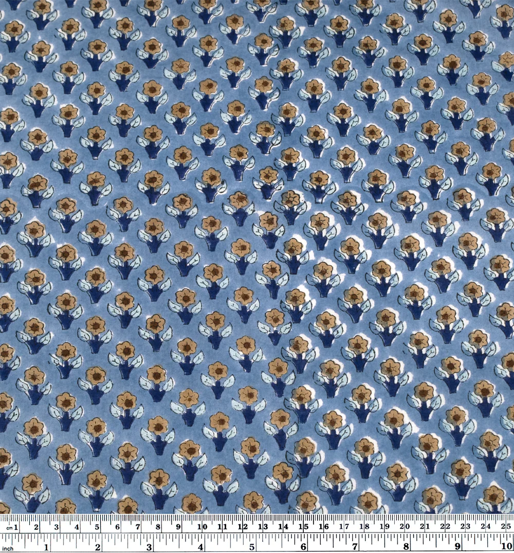 Bloom Block Printed Organic Cotton Batiste - Bluestone/Mushroom/Navy - Image 4