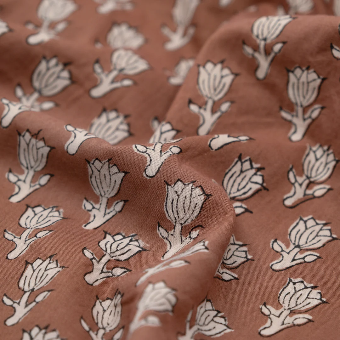 Bloom Block Printed Organic Cotton Batiste - Cappuccino/Fawn