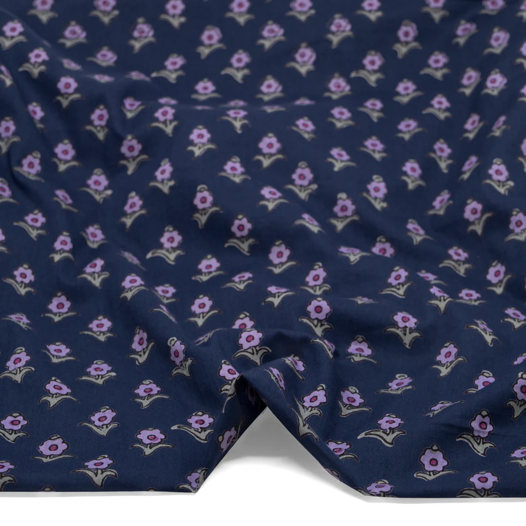 Bloom Block Printed Organic Cotton Batiste - Dark Denim/Purple/Sage - Image 2