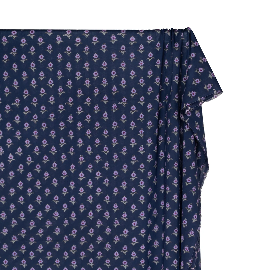 Bloom Block Printed Organic Cotton Batiste - Dark Denim/Purple/Sage - Image 3