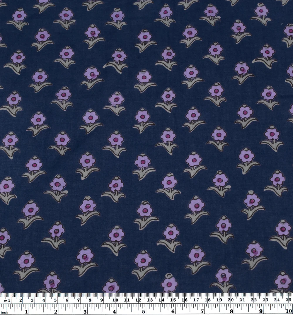 Bloom Block Printed Organic Cotton Batiste - Dark Denim/Purple/Sage - Image 4