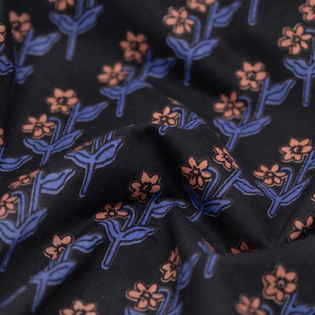 Bloom Block Printed Organic Cotton Batiste - Ink/Azure/Guava