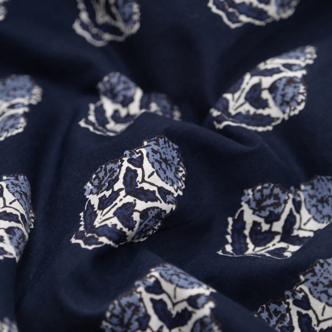 Bloom Block Printed Organic Cotton Batiste - Midnight Blue/White