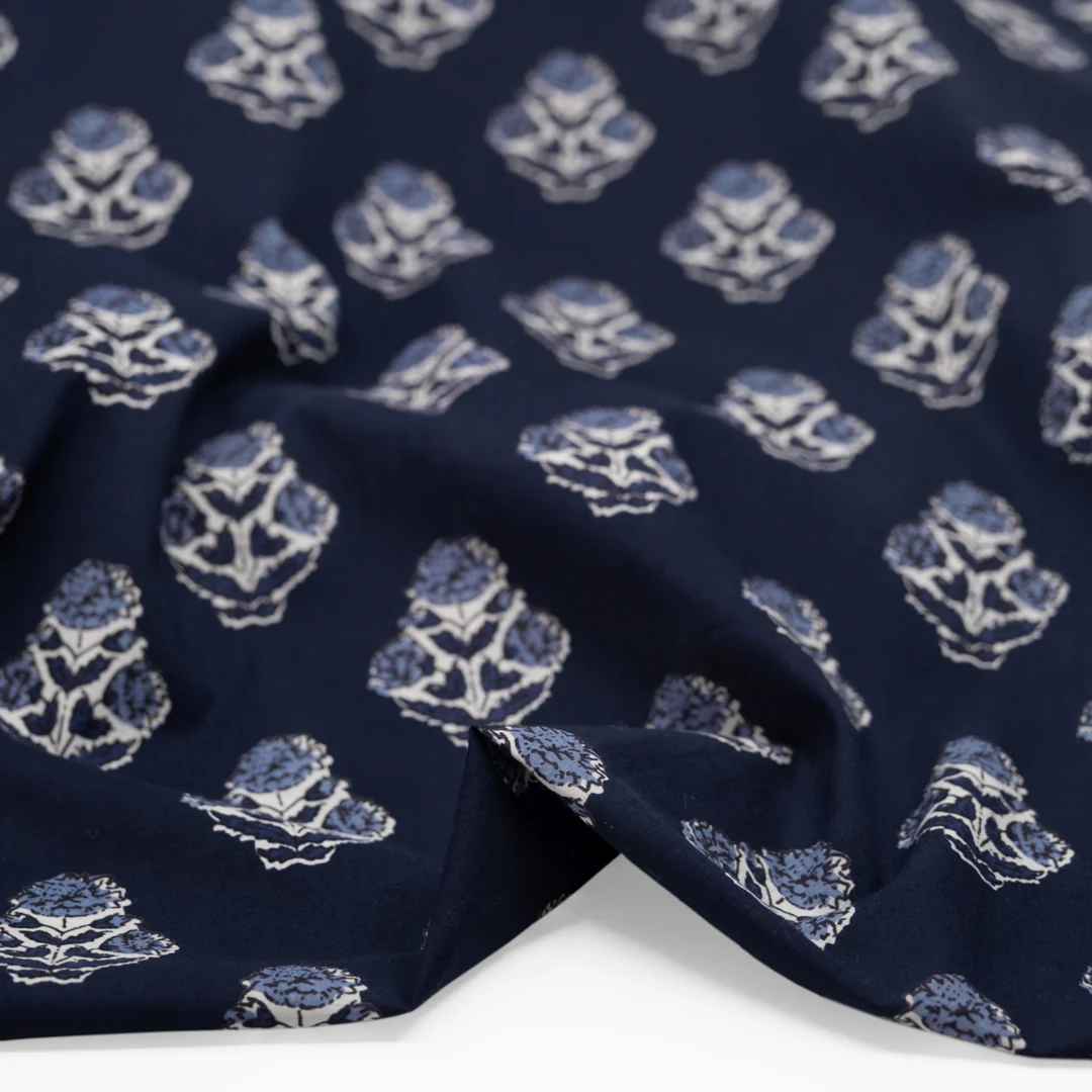 Bloom Block Printed Organic Cotton Batiste - Midnight Blue/White - Image 2