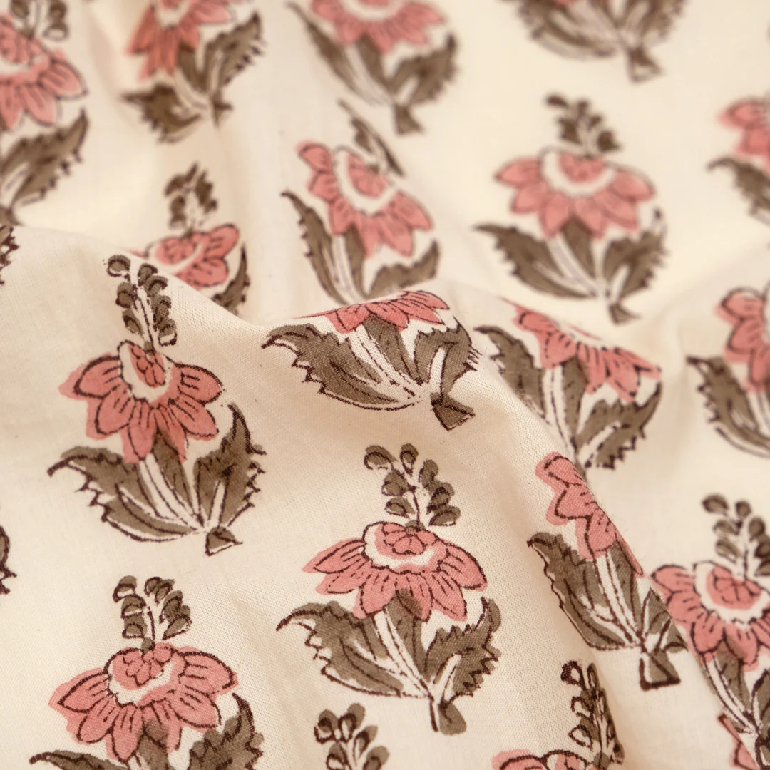 Bloom Block Printed Organic Cotton Batiste - Parchment/Petal/Cardamom
