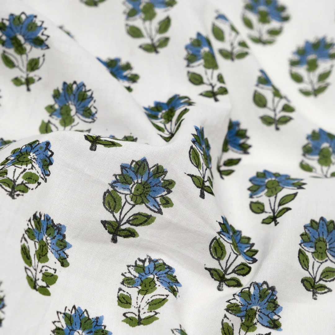 Bloom Block Printed Organic Cotton Batiste - White/Grass/Blue Pool