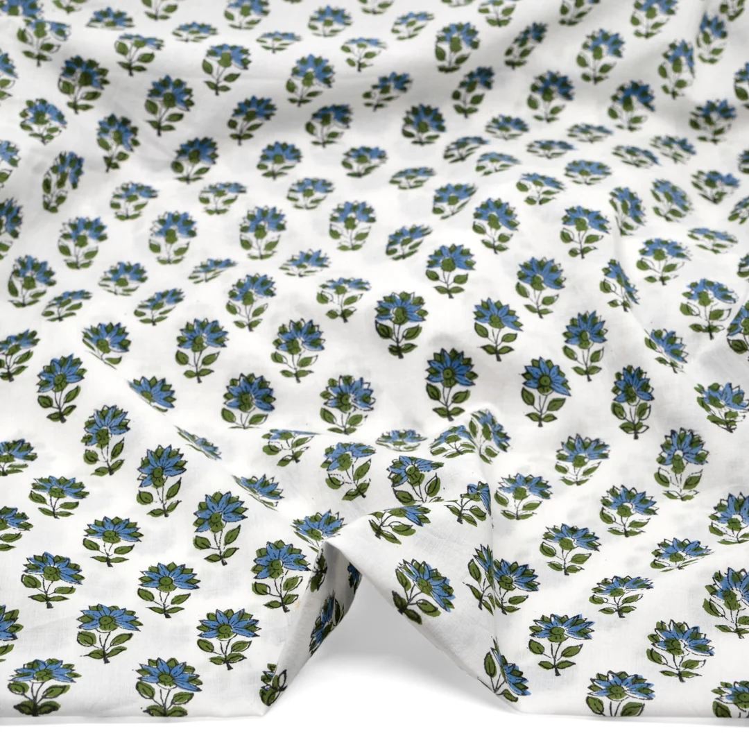 Bloom Block Printed Organic Cotton Batiste - White/Grass/Blue Pool - Image 2