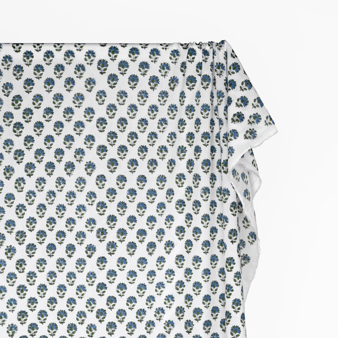 Bloom Block Printed Organic Cotton Batiste - White/Grass/Blue Pool - Image 3