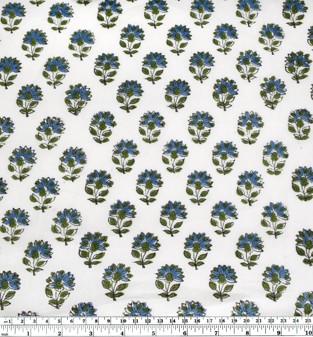Bloom Block Printed Organic Cotton Batiste - White/Grass/Blue Pool - Image 4