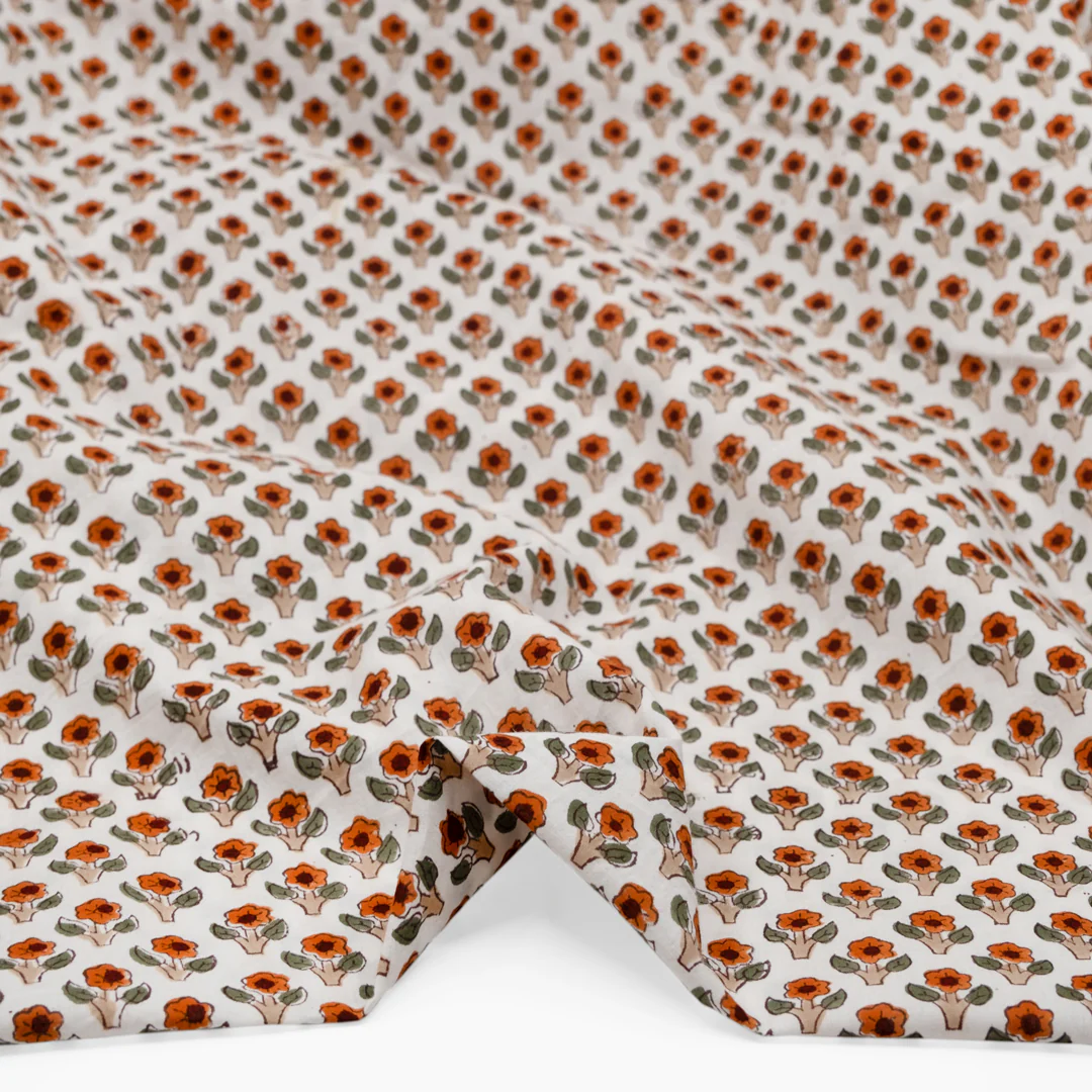 Bloom Block Printed Organic Cotton Batiste - White/Pumpkin/Dill - Image 2