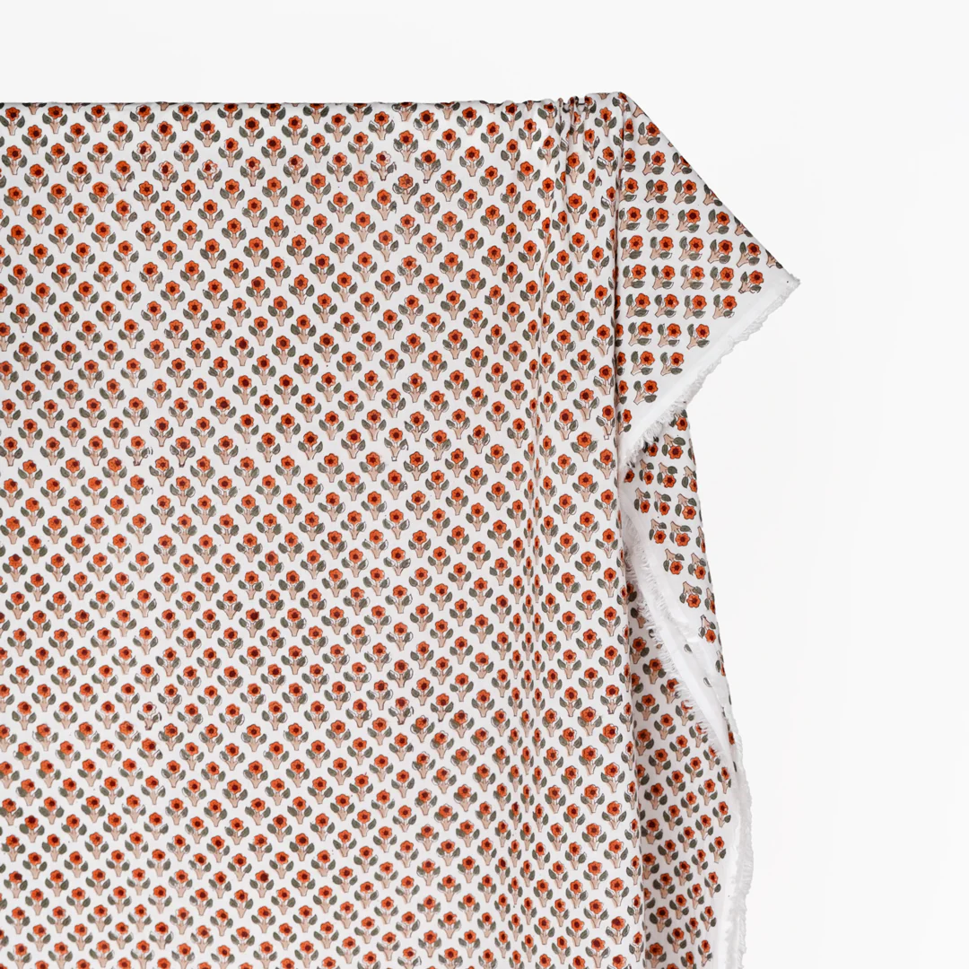Bloom Block Printed Organic Cotton Batiste - White/Pumpkin/Dill - Image 3