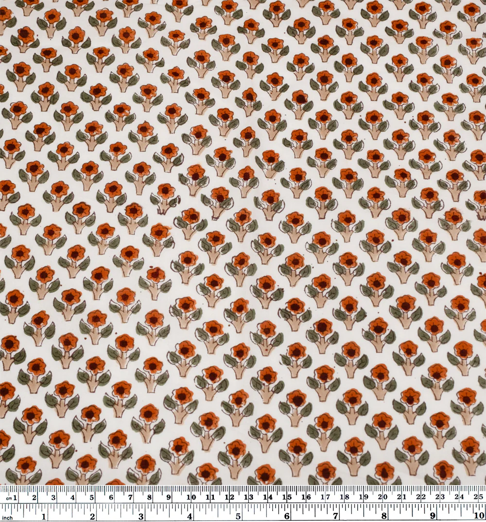 Bloom Block Printed Organic Cotton Batiste - White/Pumpkin/Dill - Image 4