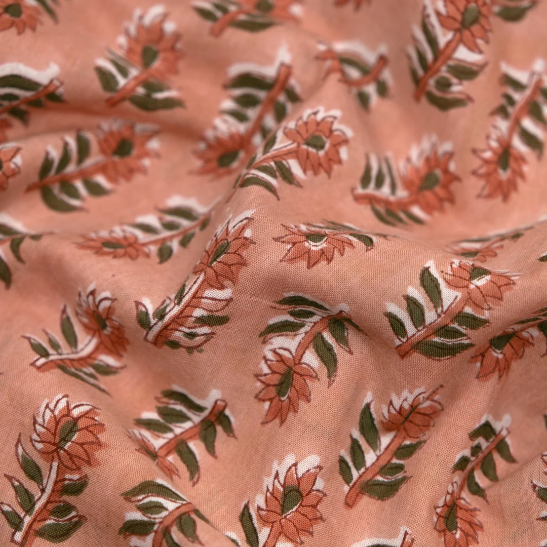 Bloom Block Printed Organic Cotton Batiste - Apricot/Clay/Caper