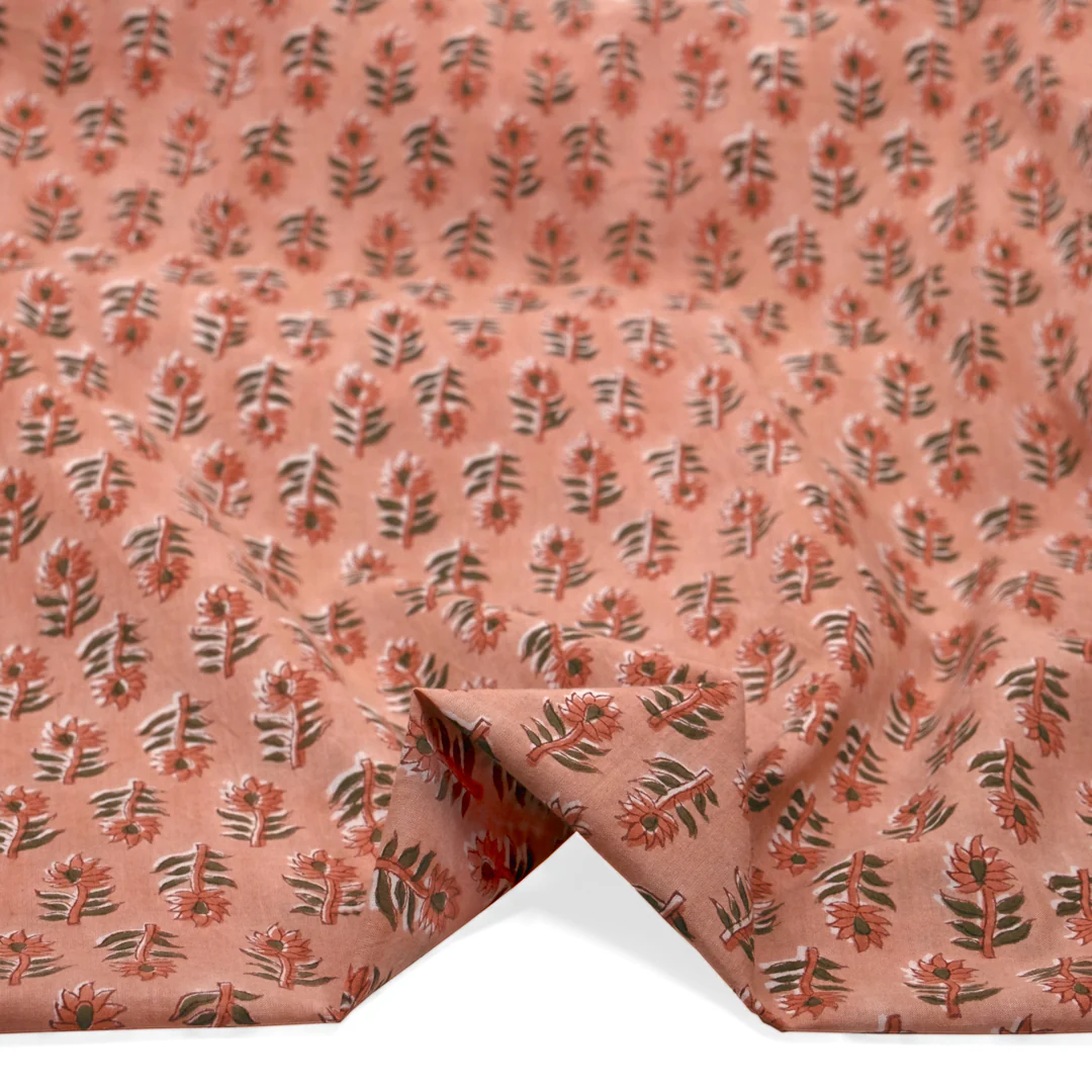 Bloom Block Printed Organic Cotton Batiste - Apricot/Clay/Caper - Image 2