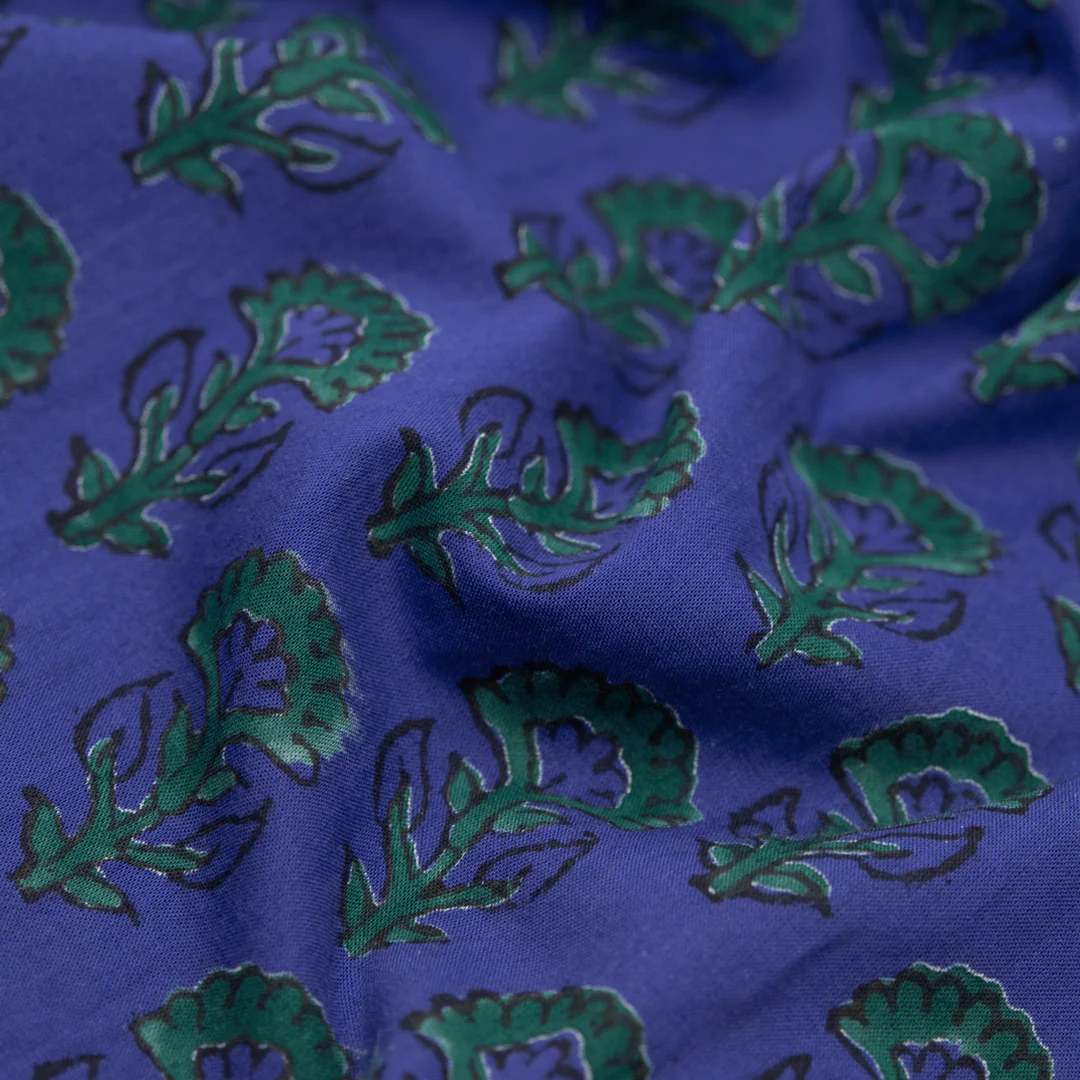 Bloom Block Printed Organic Cotton Batiste - Azure/Emerald