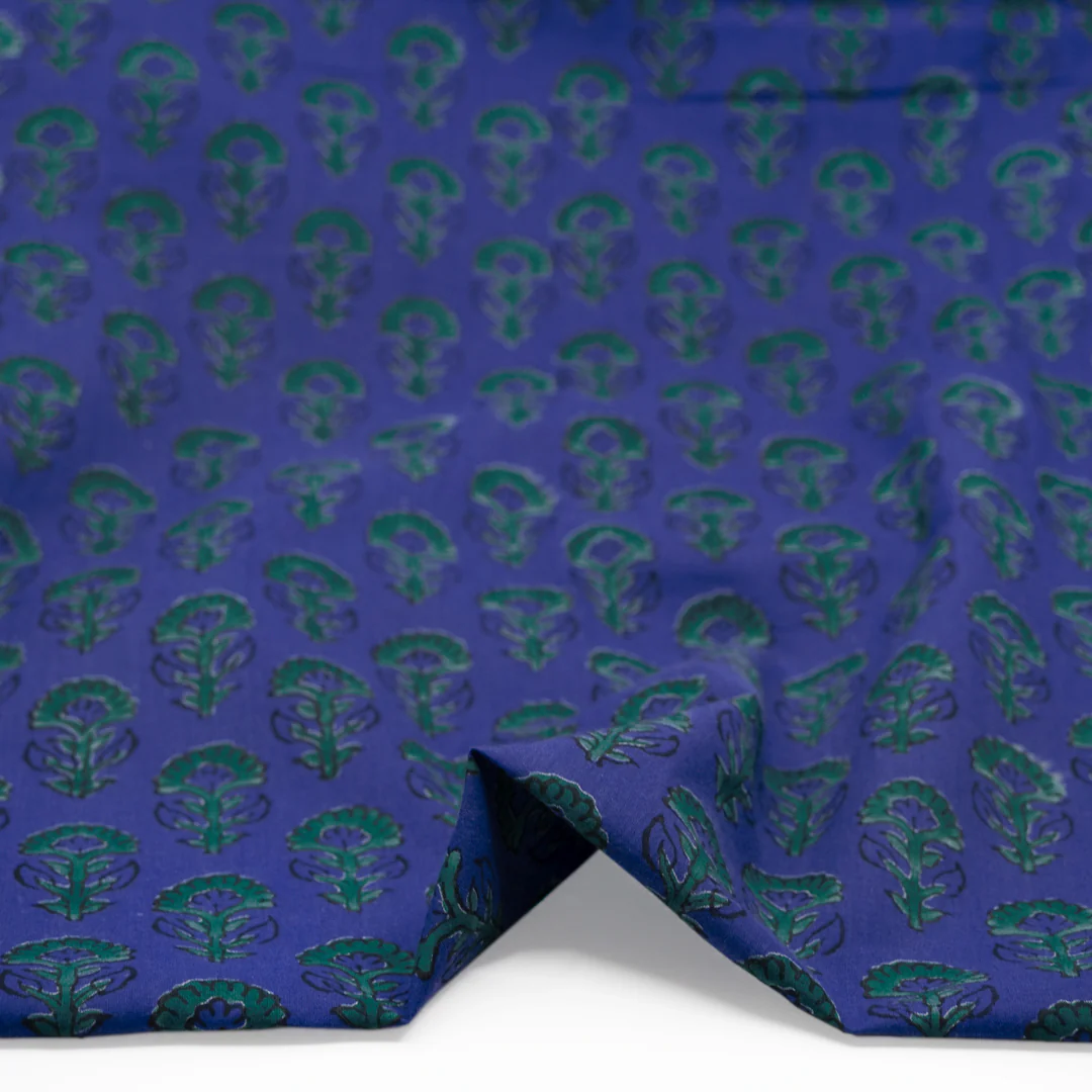 Bloom Block Printed Organic Cotton Batiste - Azure/Emerald - Image 2