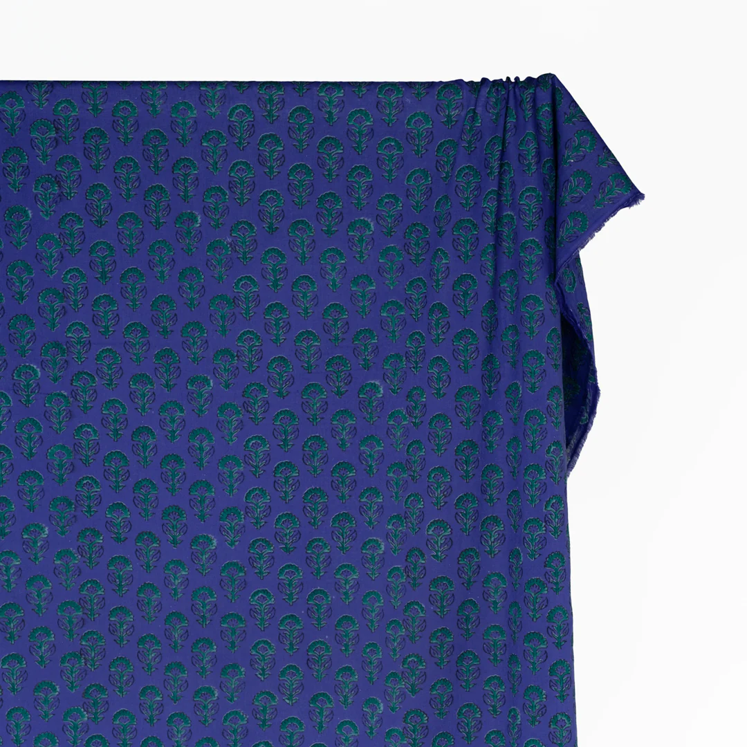 Bloom Block Printed Organic Cotton Batiste - Azure/Emerald - Image 3