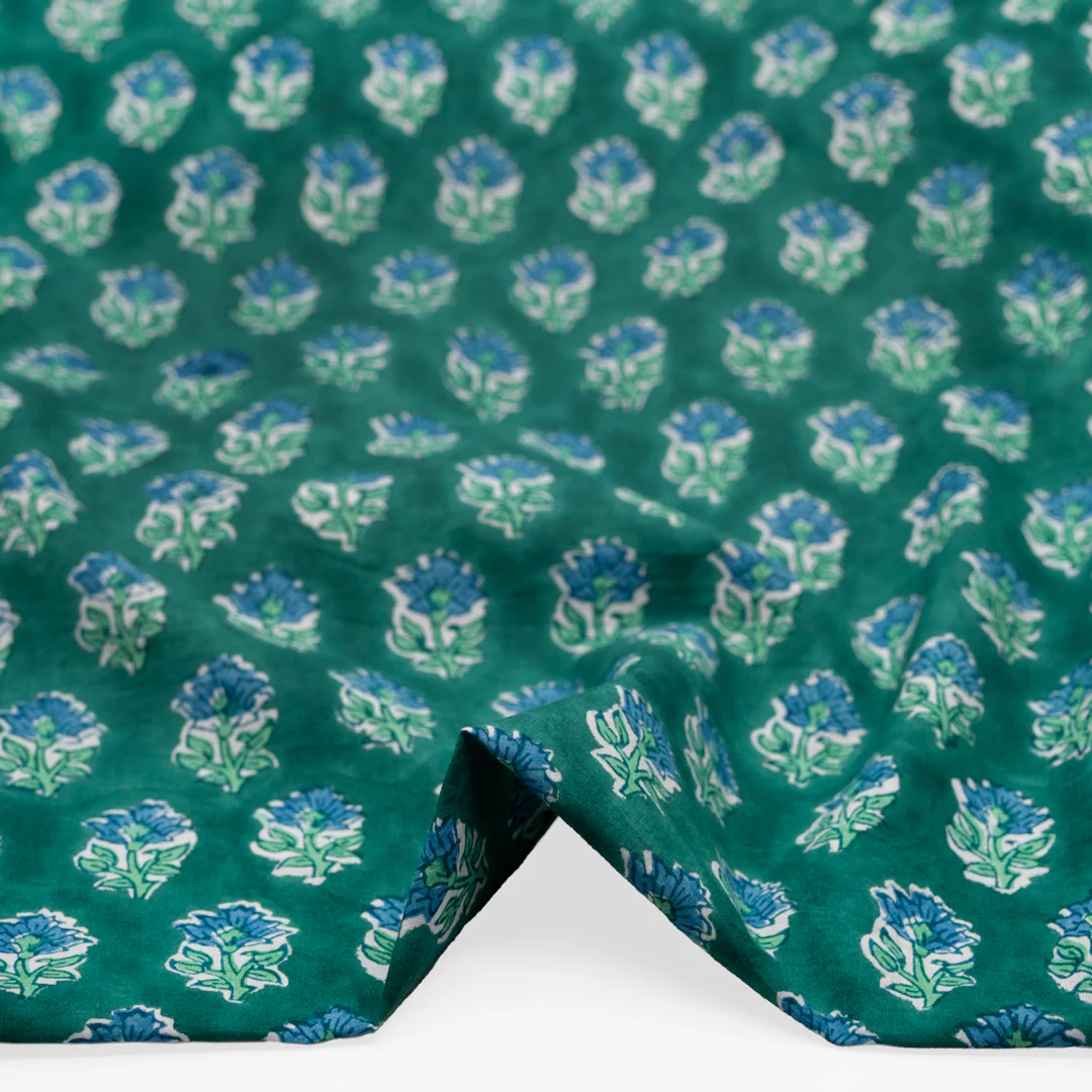Bloom Block Printed Organic Cotton Batiste - Beetle/Mint/Pacific - Image 2