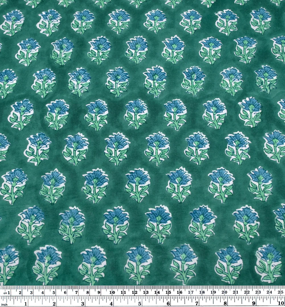 Bloom Block Printed Organic Cotton Batiste - Beetle/Mint/Pacific - Image 4
