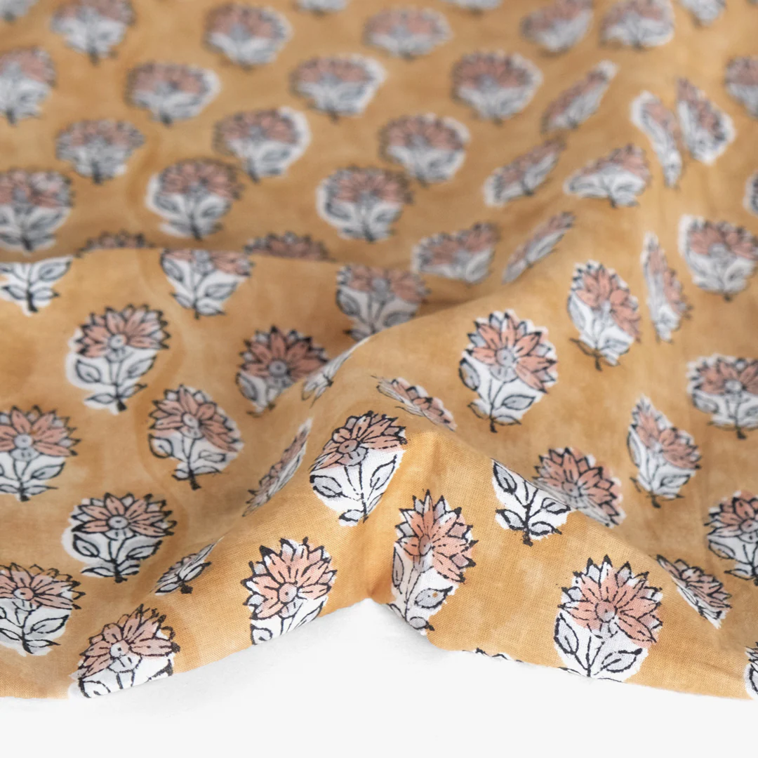 Bloom Block Printed Organic Cotton Batiste - Biscuit/Dusty Peach