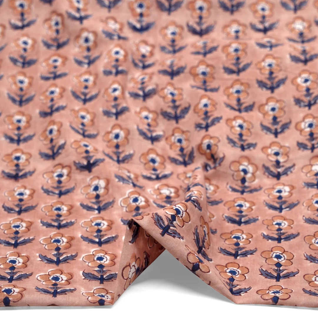 Bloom Block Printed Organic Cotton Batiste - Blush/Bluestone/Denim - Image 2