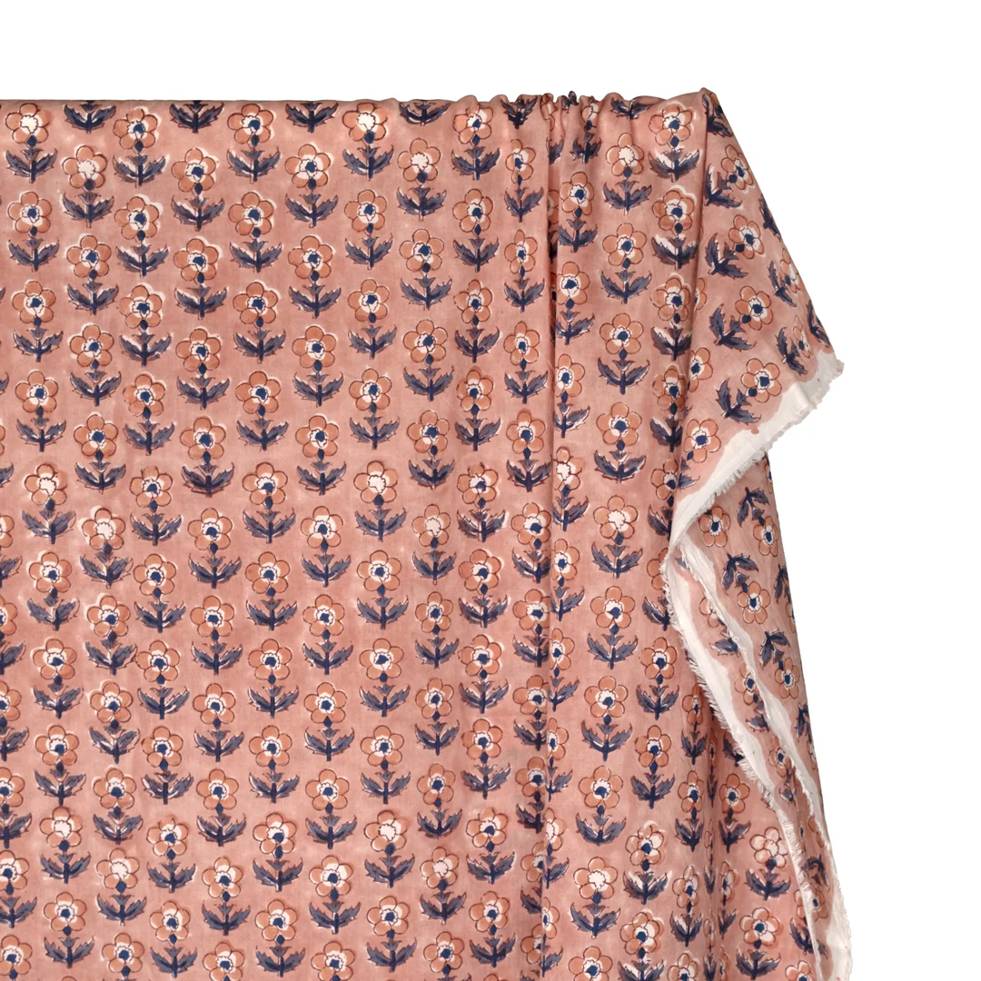 Bloom Block Printed Organic Cotton Batiste - Blush/Bluestone/Denim - Image 4
