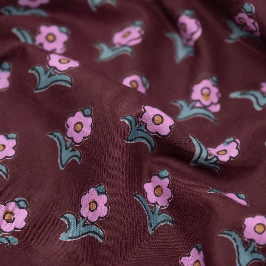 Bloom Block Printed Organic Cotton Batiste - Burgundy/Dahlia/Jade