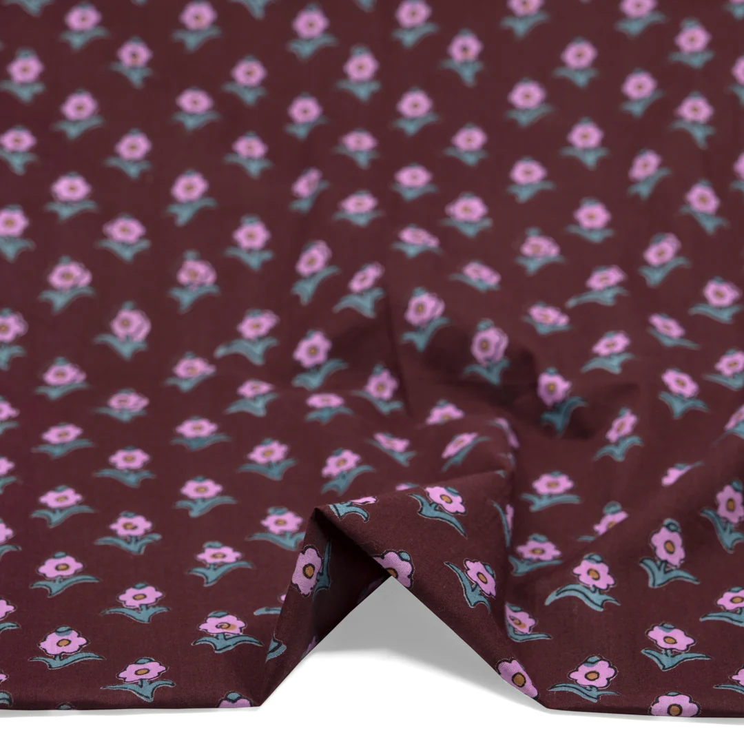 Bloom Block Printed Organic Cotton Batiste - Burgundy/Dahlia/Jade - Image 2
