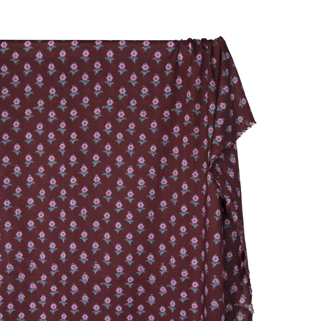 Bloom Block Printed Organic Cotton Batiste - Burgundy/Dahlia/Jade - Image 4