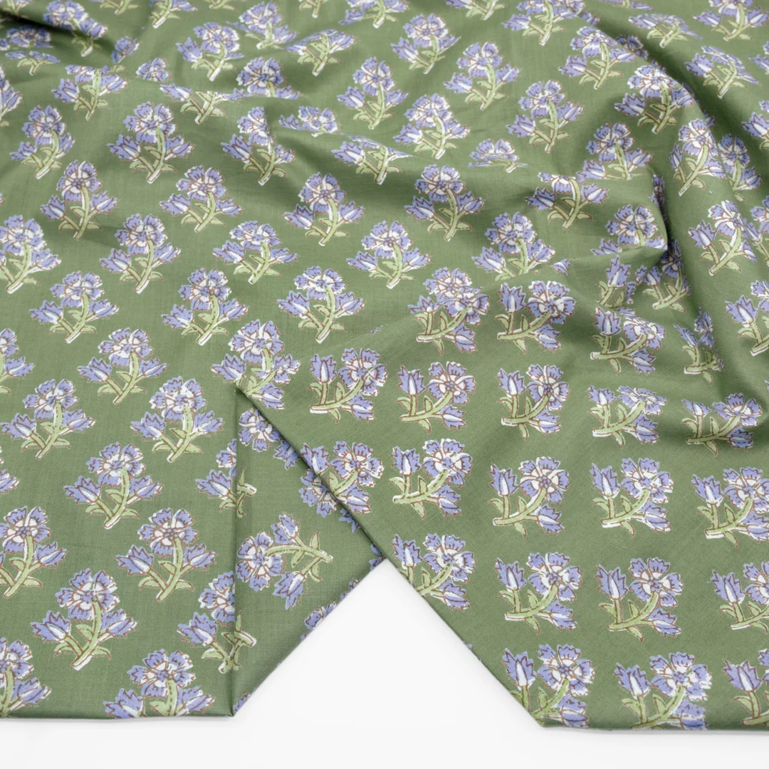 Bloom Block Printed Organic Cotton Batiste - Celadon/Periwinkle