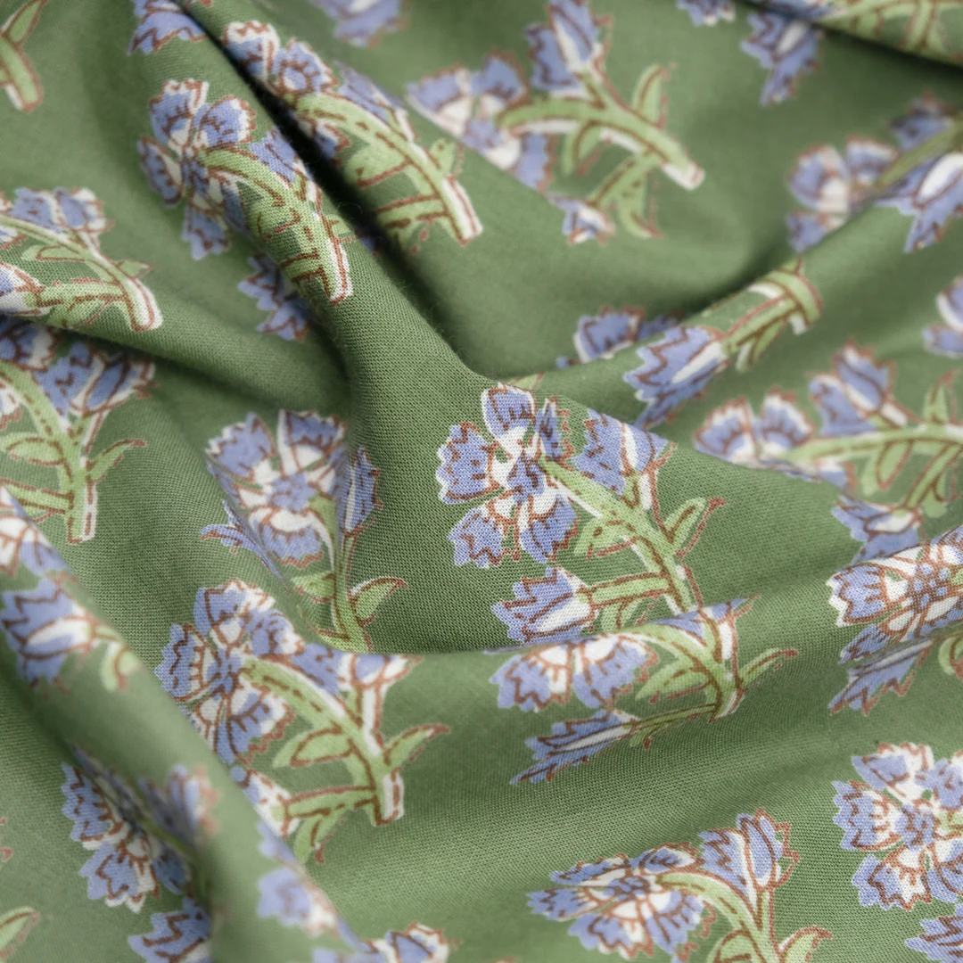 Bloom Block Printed Organic Cotton Batiste - Celadon/Periwinkle - Image 2