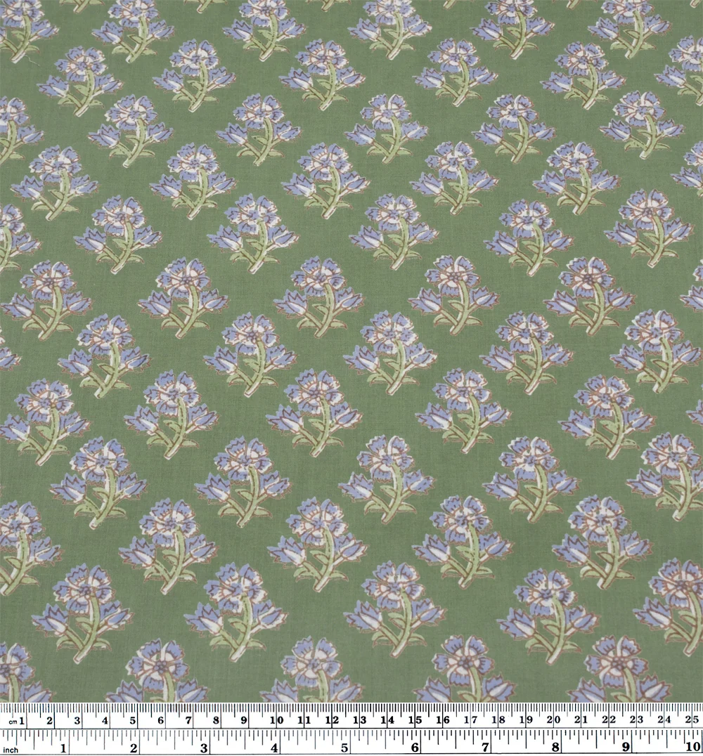 Bloom Block Printed Organic Cotton Batiste - Celadon/Periwinkle - Image 3