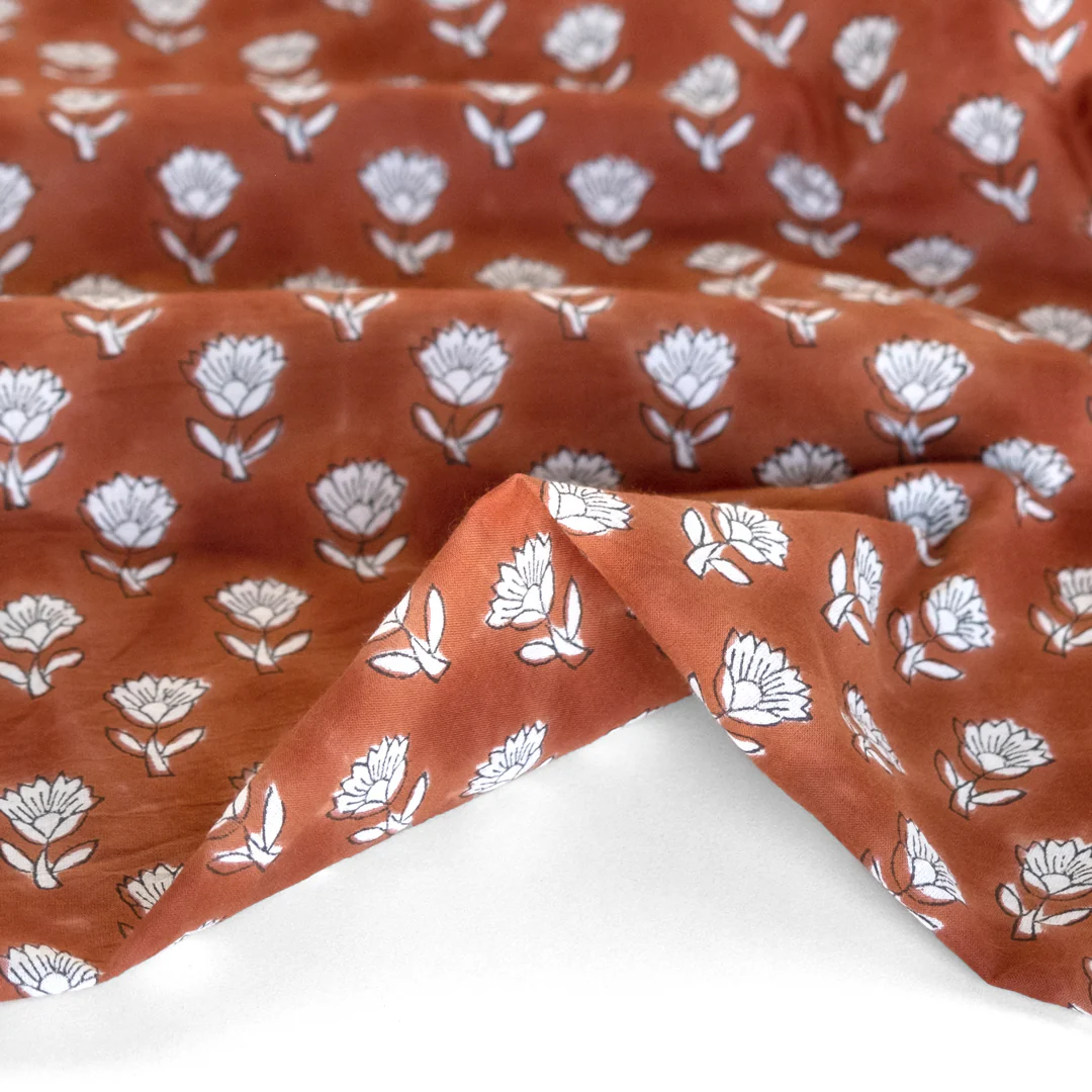 Bloom Block Printed Organic Cotton Batiste - Clay/White/Navy