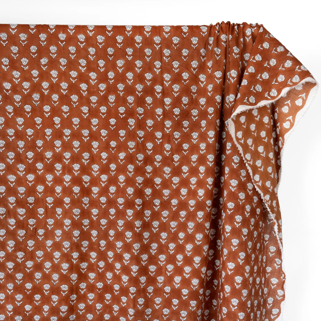 Bloom Block Printed Organic Cotton Batiste - Clay/White/Navy - Image 2