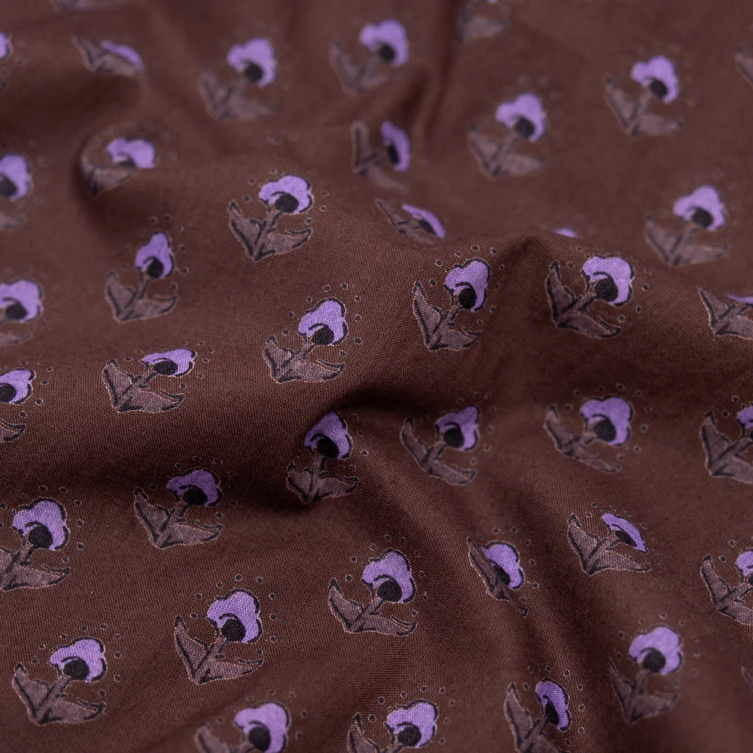 Bloom Block Printed Organic Cotton Batiste - Coffee Liqueur/Black/Lavender *Imperfect