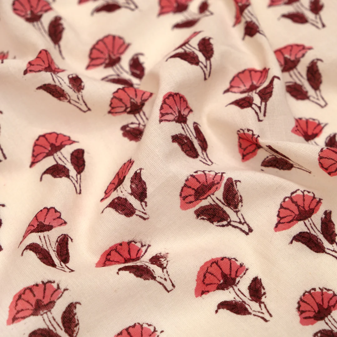 Bloom Block Printed Organic Cotton Batiste - Cream/Maroon/Taffy