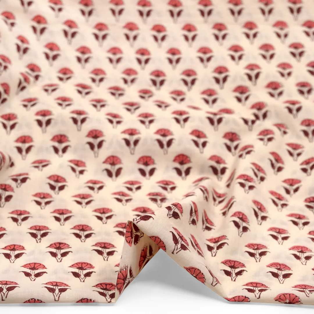Bloom Block Printed Organic Cotton Batiste - Cream/Maroon/Taffy - Image 2