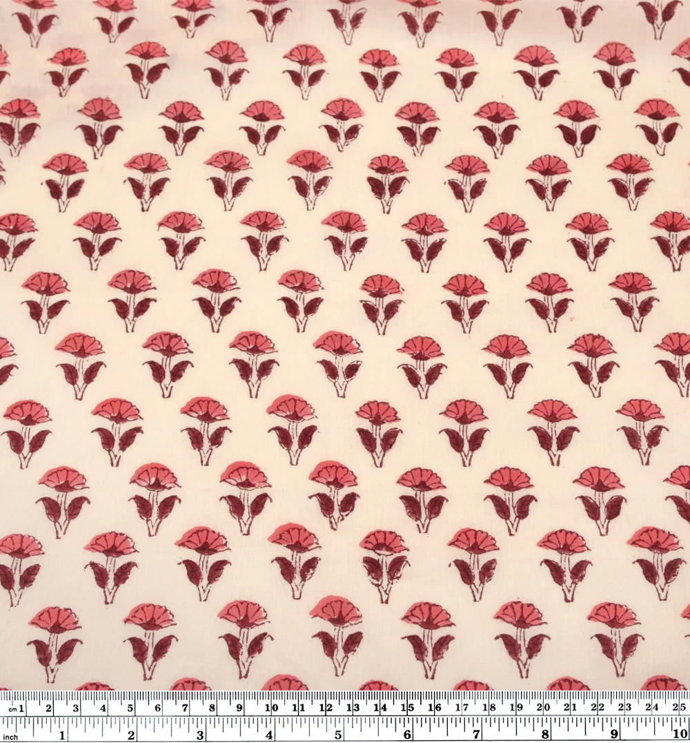 Bloom Block Printed Organic Cotton Batiste - Cream/Maroon/Taffy - Image 3