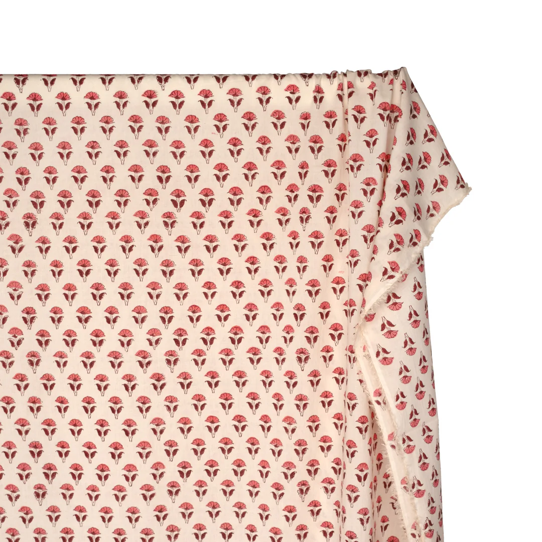 Bloom Block Printed Organic Cotton Batiste - Cream/Maroon/Taffy - Image 4